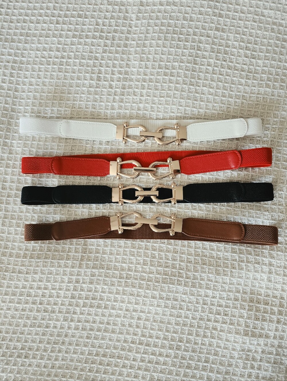 Elastic Horsebit Waist Belt Set - White, Red, Black, Cognac